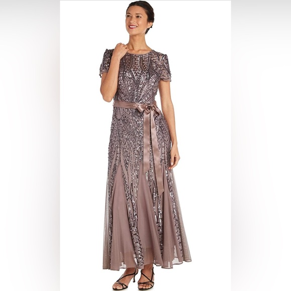 R&M Richards Mocha Short Sleeved Embellished Sequins Gown. - Picture 1 of 3